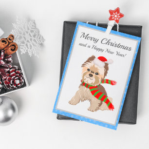 Cartão Postal De Festividades Yorkie de Natal Adorável na Feliz de Santa Hat