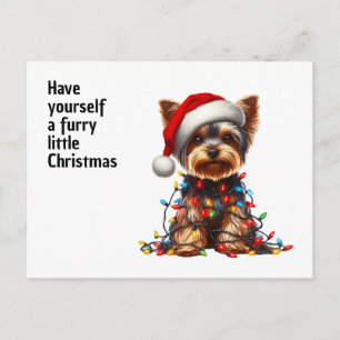 Cartão Postal De Festividades Yorkie Fofo Com Chapéu de Papai Noel e Luzes de Na