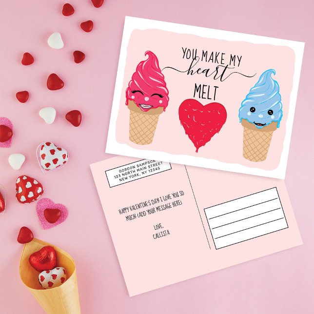 Cartão Postal De Festividades You Make My Heart Melt Ice Cream Valentine's Day (Criador carregado)