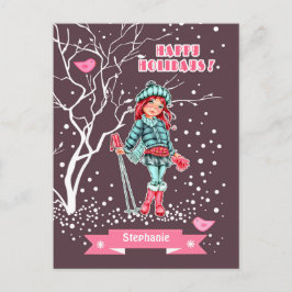 Cartão Postal De Festividades Young Girl Skier | Nome personalizado Natal
