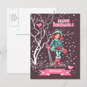 Cartão Postal De Festividades Young Girl Skier Nome personalizado Natal