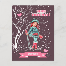 Cartão Postal De Festividades Young Girl Skier | Nome personalizado Natal