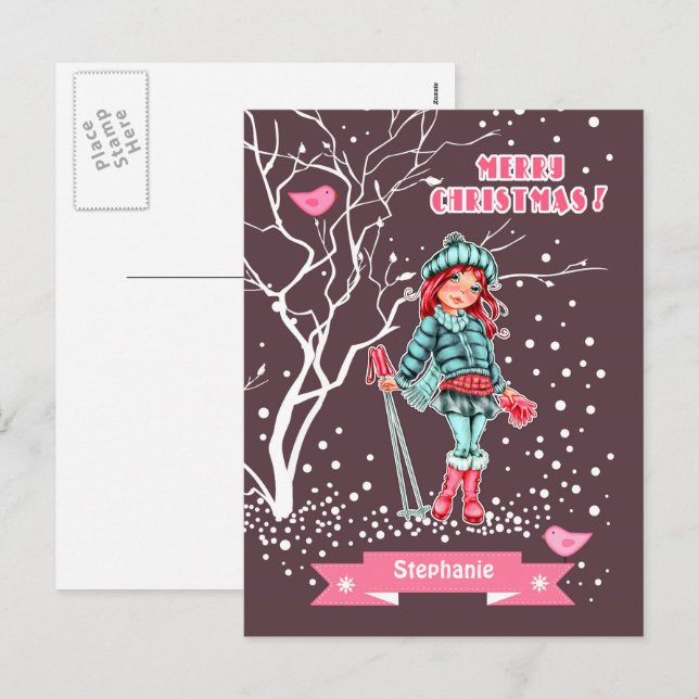Cartão Postal De Festividades Young Girl Skier | Nome personalizado Natal (Frente/Verso)