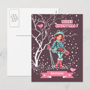 Cartão Postal De Festividades Young Girl Skier Nome personalizado Natal