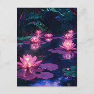 Cartão Postal De Festividades Zen da Meia-Noite Natureza Lago de Lótus Rosa