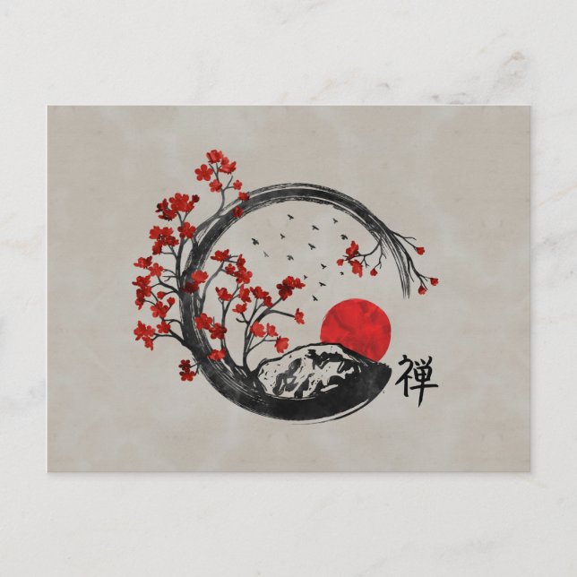 Cartão Postal De Festividades Zen Enso Circle e Sakura Branches (Frente)