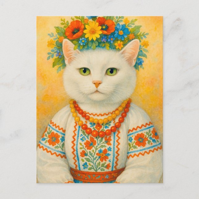 Cartão postal de Flor Ucraniano de Gato Branco (Frente)