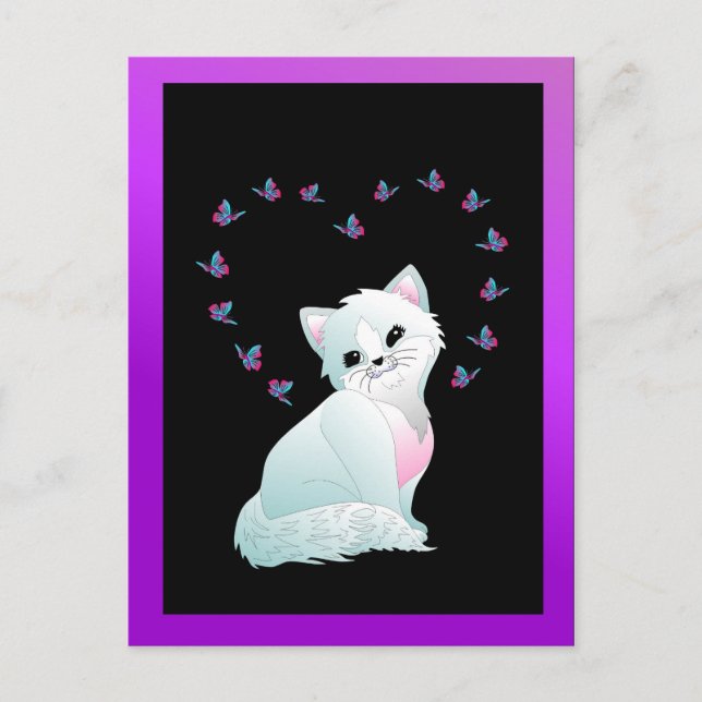 cartão postal de gatinho e borboletas (Frente)