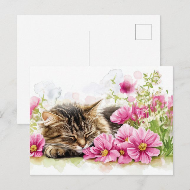 Cartão Postal de Gato em Aquarela (Frente/Verso)