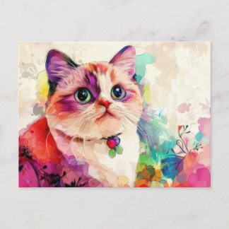 Cartão Postal de Gato em Aquarela