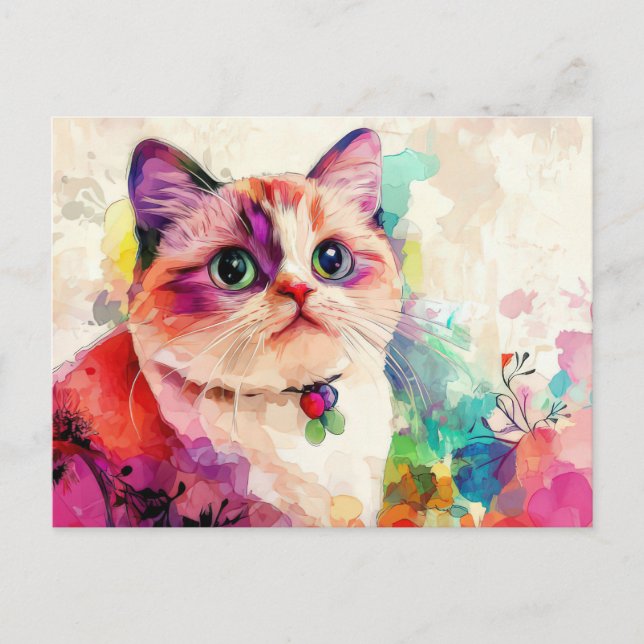 Cartão Postal de Gato em Aquarela (Frente)