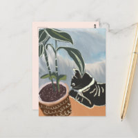 Cartão postal de gato observando plantas de casa