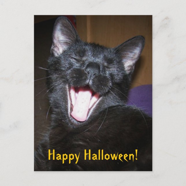 Cartão postal de gato preto bocejando no Halloween (Frente)