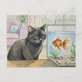 Cartão postal de gato preto e peixe dourado