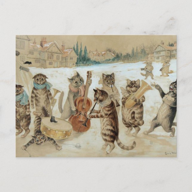 Cartão postal de gatos cantando canções de Natal (Frente)