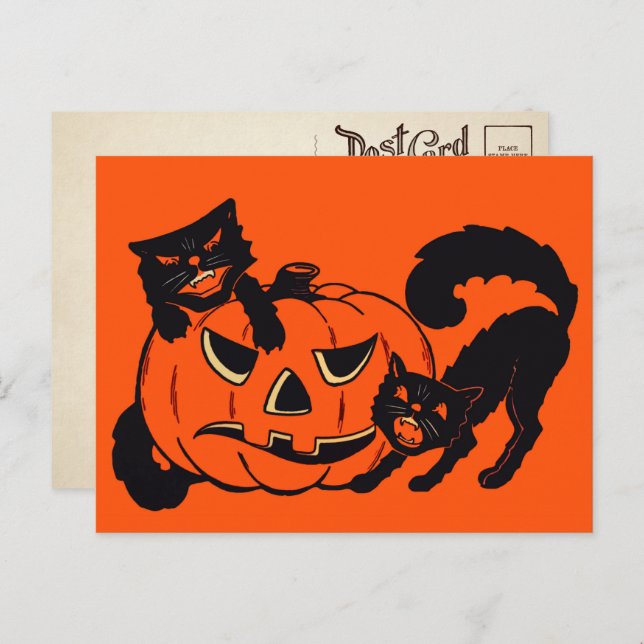 Cartão postal de gatos retrô de Halloween (Frente/Verso)