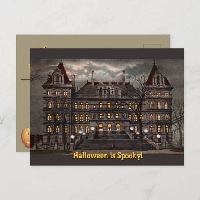Cartão postal de Halloween da Mansão Assustadora (Frente/Verso)