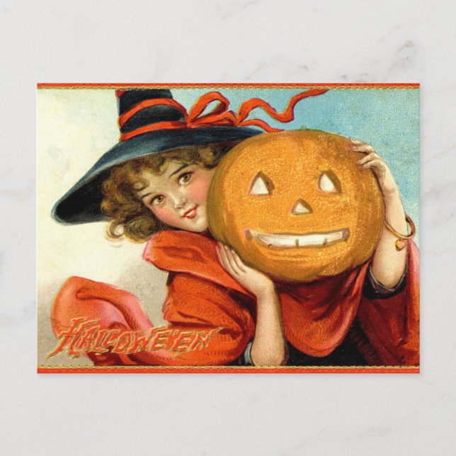 Cartão postal de Halloween de abóbora de bruxa vin (Frente)