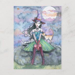Cartão Postal de Halloween de Gato Bruxa 'Doce e Á