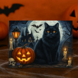 Cartão postal de Halloween de Gato Preto Assustado