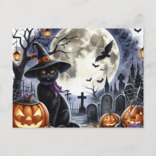 Cartão postal de Halloween de gato preto fofo