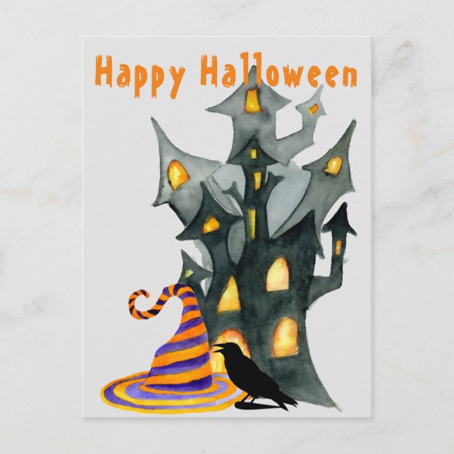 Cartão postal de Halloween e Chapéu de Aquarela (Frente)