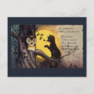 Cartão Postal de Halloween Vintage Gato Avisando C