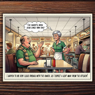 Cartão postal de humor de restaurante vida de garç