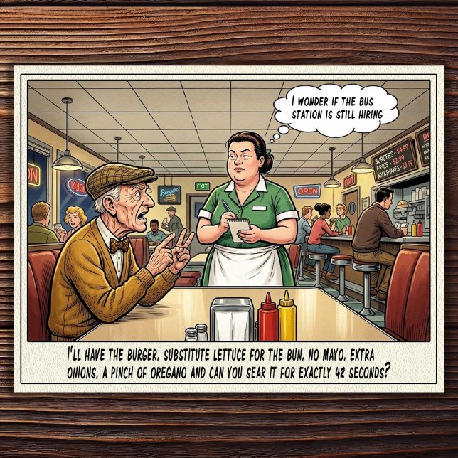Cartão postal de humor de restaurante vida de garç (Criador carregado)