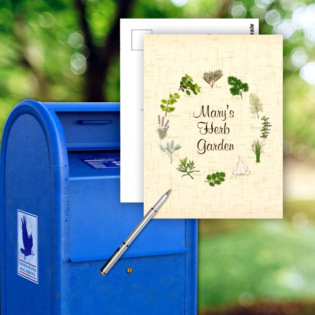 Cartão postal de jardim de ervas personalizado (Tell your friends with a custom Herb Garden Postcard.
Fragrant, flavorful herbs and spices.)