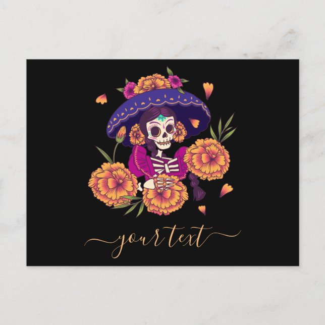 Cartão postal de Lady Skeleton Dia de los Muertos (Frente)