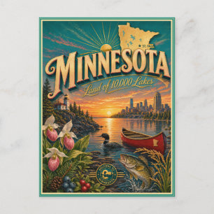 Cartão Postal de Lembrança de Viagem Retro de Minn