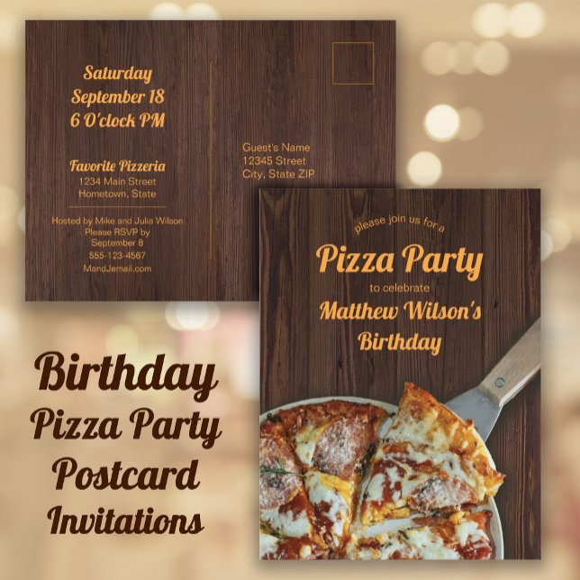 Cartão Postal de Madeira Rústica para Festa de Piz (Birthday Pizza Party Invitations for a child, teen, or adult birthday party.)
