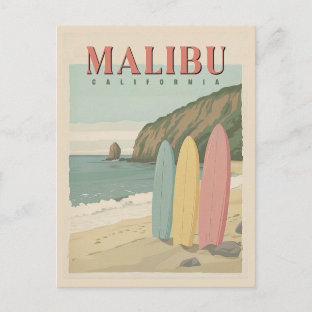 Cartão Postal de Malibu, Califórnia - Sol, Areia e (Frente)