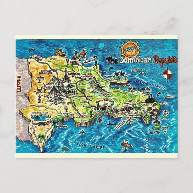 Cartão postal de mapa antigo da República Dominica (Frente)