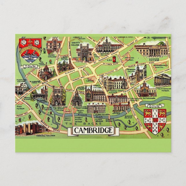 Cartão postal de mapa antigo de Cambridge (Frente)