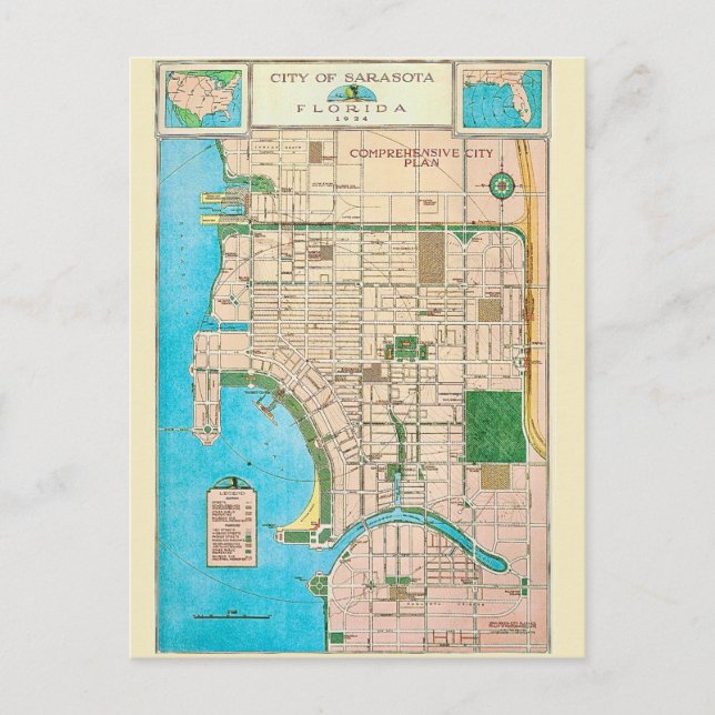 Cartão postal de mapa antigo de Sarasota FL (Frente)