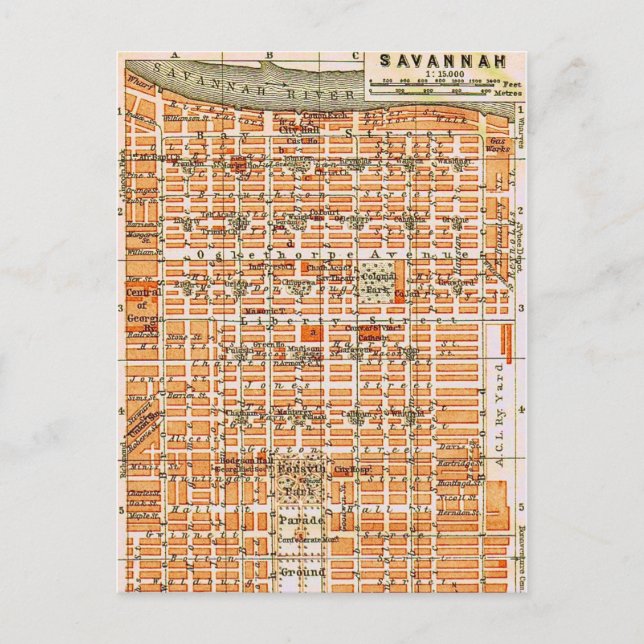 Cartão postal de mapa antigo de Savannah Geórgia (Frente)
