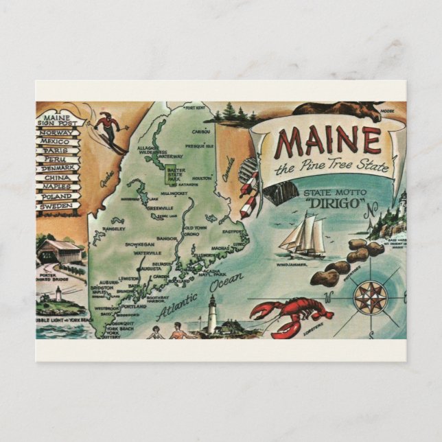 Cartão Postal de Mapa Antigo do Maine (Frente)