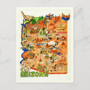 Cartão postal de mapa do Arizona ilustrado colorid