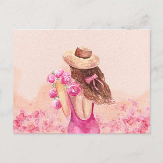 Cartão postal de menina com buquê de flores rosa e (Frente)