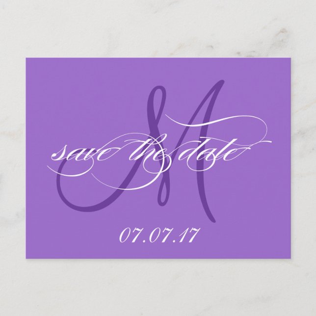 Cartão postal de monograma de Save the Date roxo (Frente)