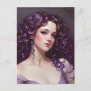 Cartão postal de mulher com cabelo roxo encaracola