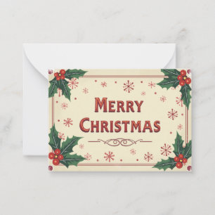 Cartão Postal de Natal Antigo com Azevinho e Floco
