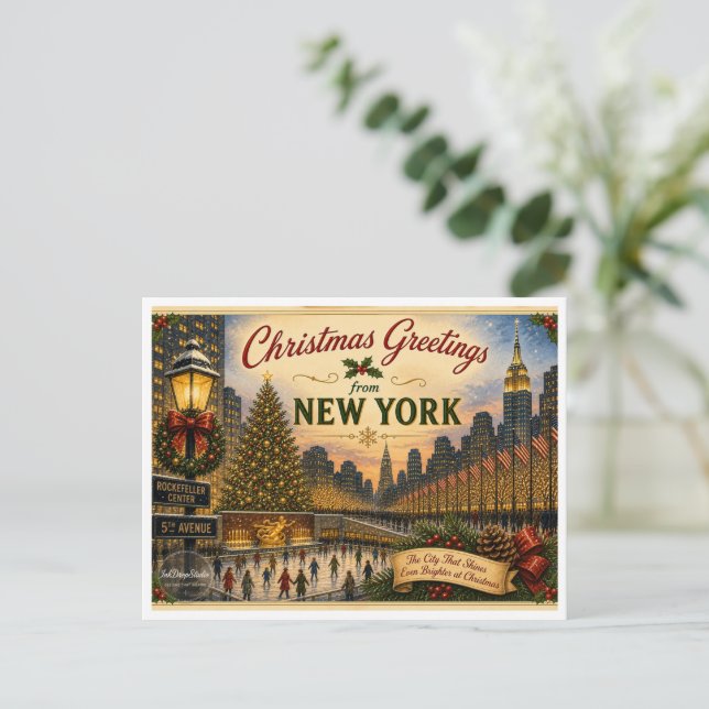 Cartão Postal de Natal Antigo de Nova York (Em pé/Frente)