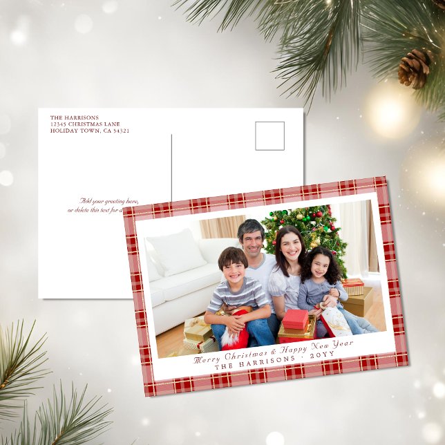 Cartão postal de Natal da Xadrez Vermelha Elegante (Elegant Red Plaid Christmas Photo Postcard)