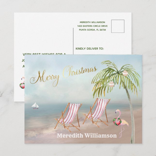 Cartão postal de Natal de Beach Flamingo Merry (Frente/Verso)