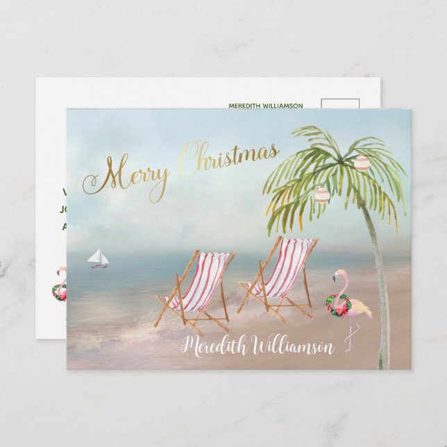 Cartão postal de Natal de Beach Flamingo Merry (Frente/Verso)