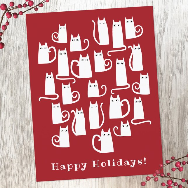 Cartão postal de Natal de Gato Engraçado (Red and white cat fun holiday postcard)