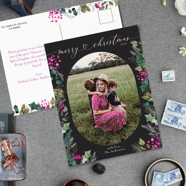 Cartão postal de Natal elegante Boho preto e rosa (Criador carregado)